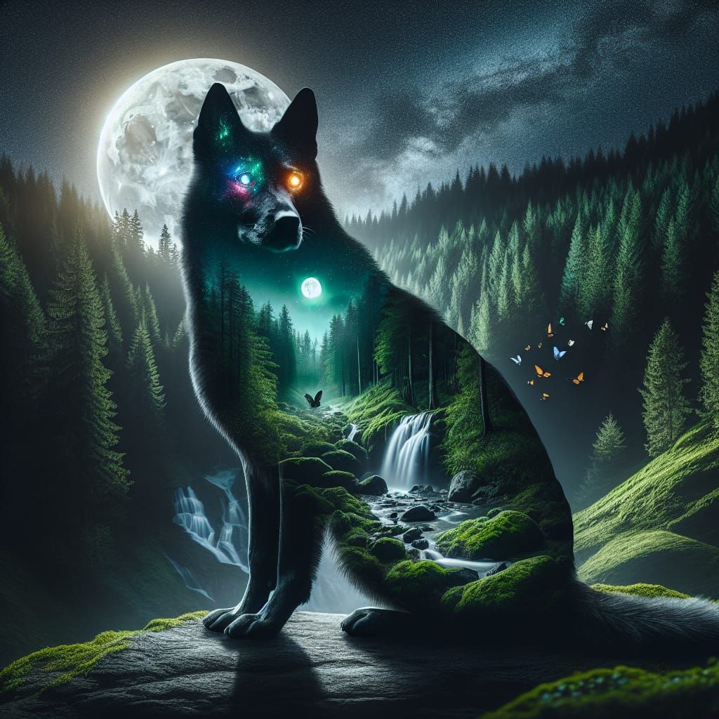 Mystical Dog Silhouette with Forest Landscape