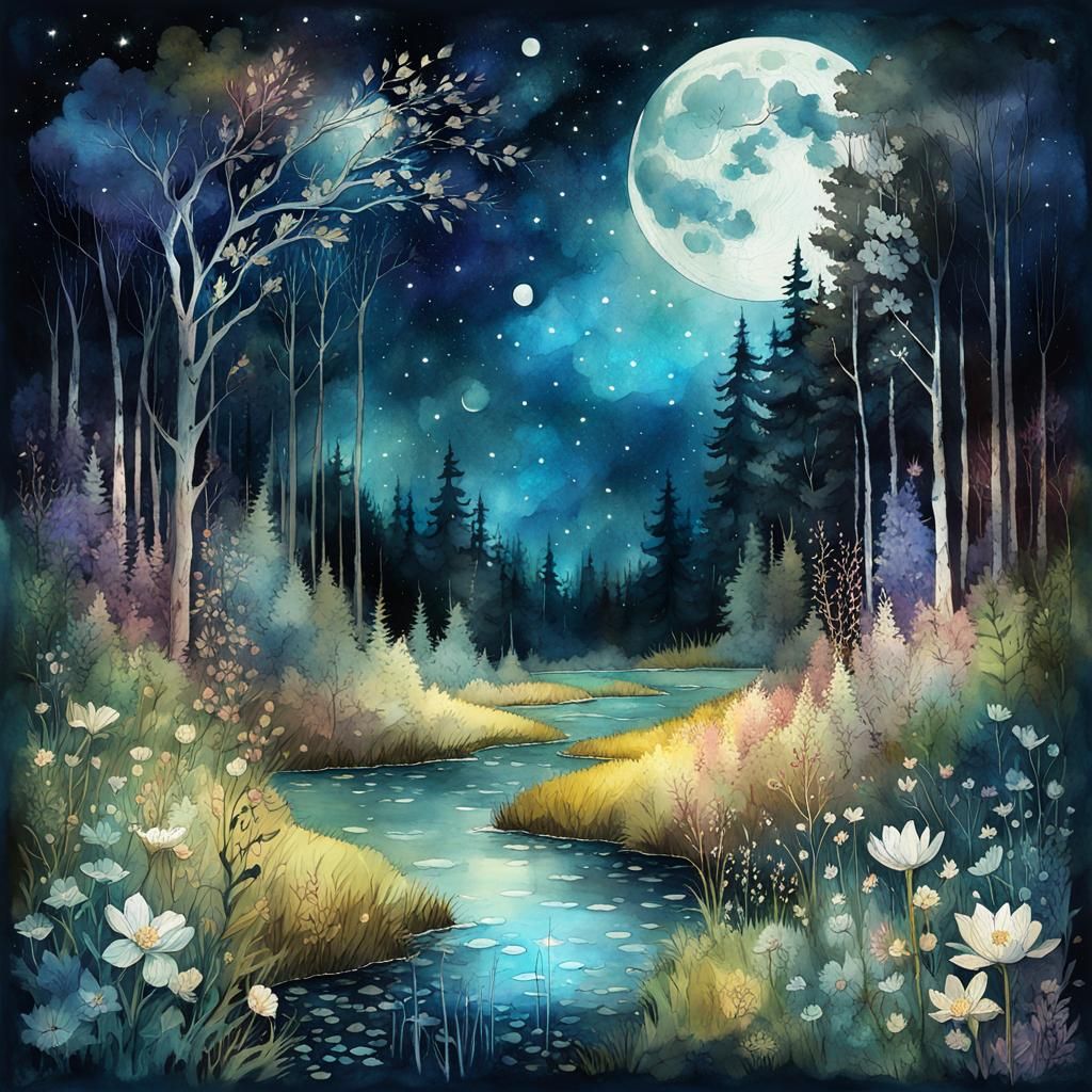 Moonlit Meadow Digital Watercolor Fantasy
