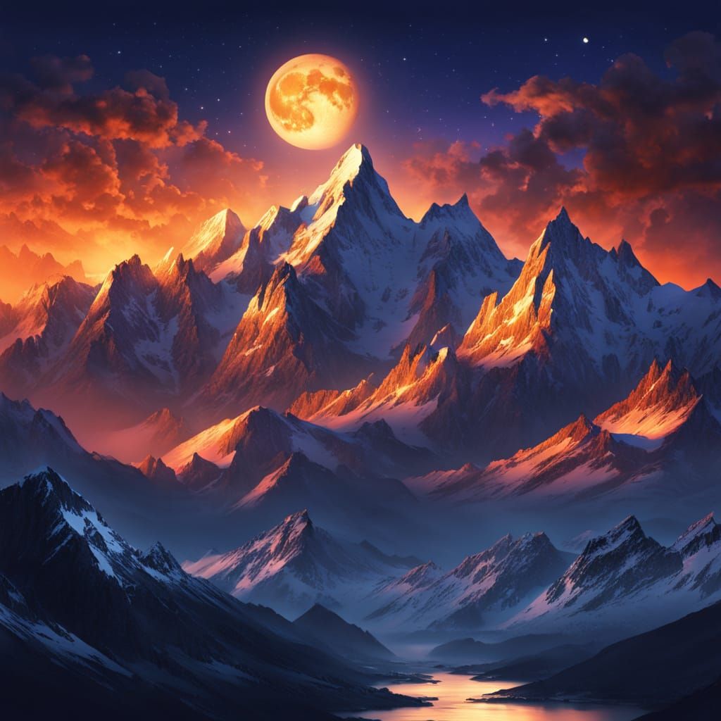 Majestic Mountain Range Under Split Sunrise and Midnight Sky