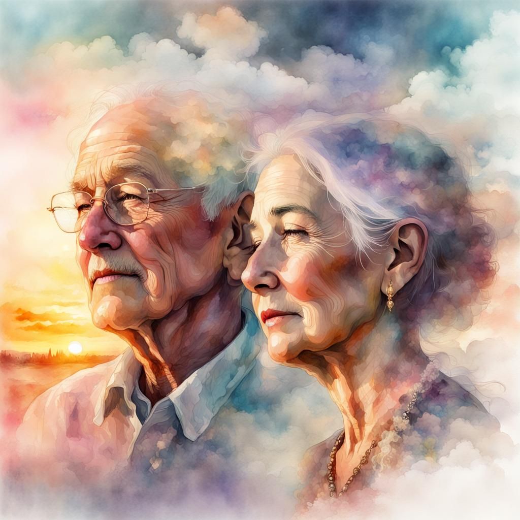 Elderly Couple in Dreamy Sunset: Digital Watercolor