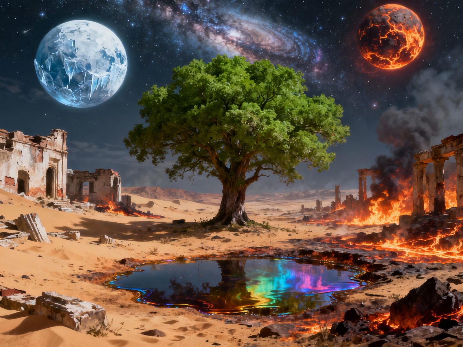 Ice and Lava Planets Above Hellscape with Giant Tree