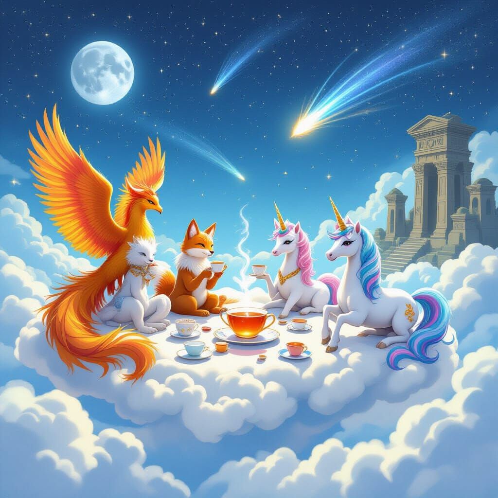 Mythical Tea Party on Clouds Under Shooting Stars