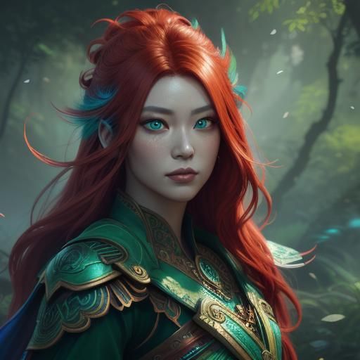 Fantasy Asian Woman with Peacock Feather Eyelashes