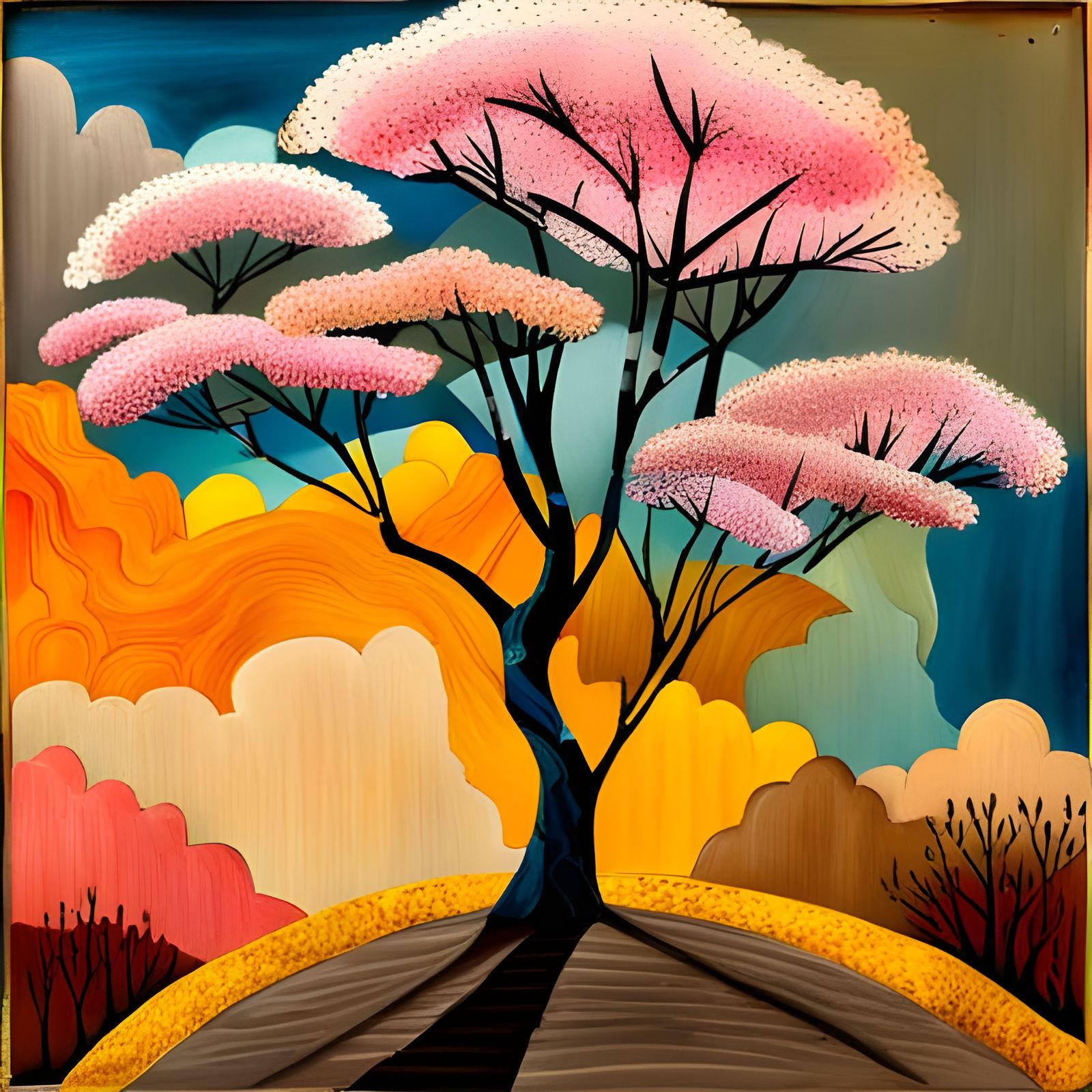 Sakura Tree Collage with Impasto Brushstrokes