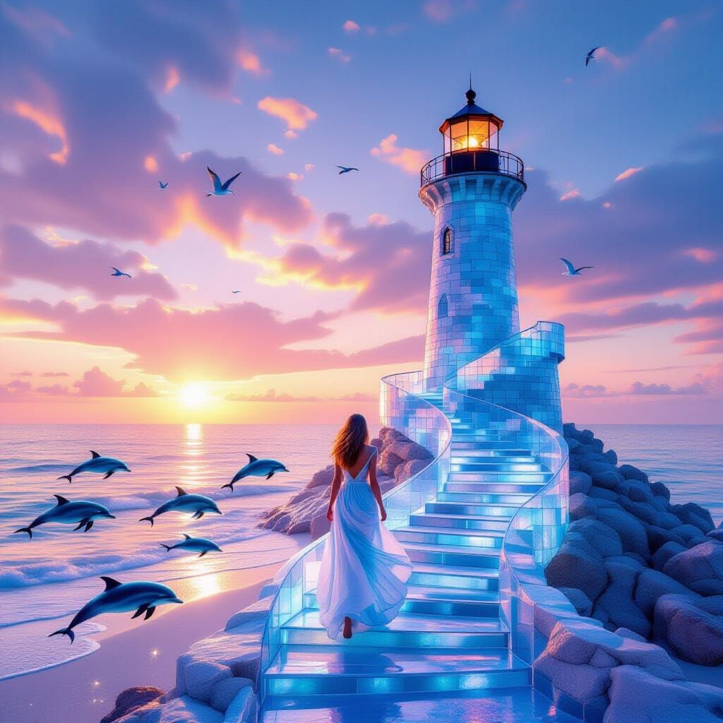 Ethereal Seaglass Castle Under Pink and Blue Sunrise