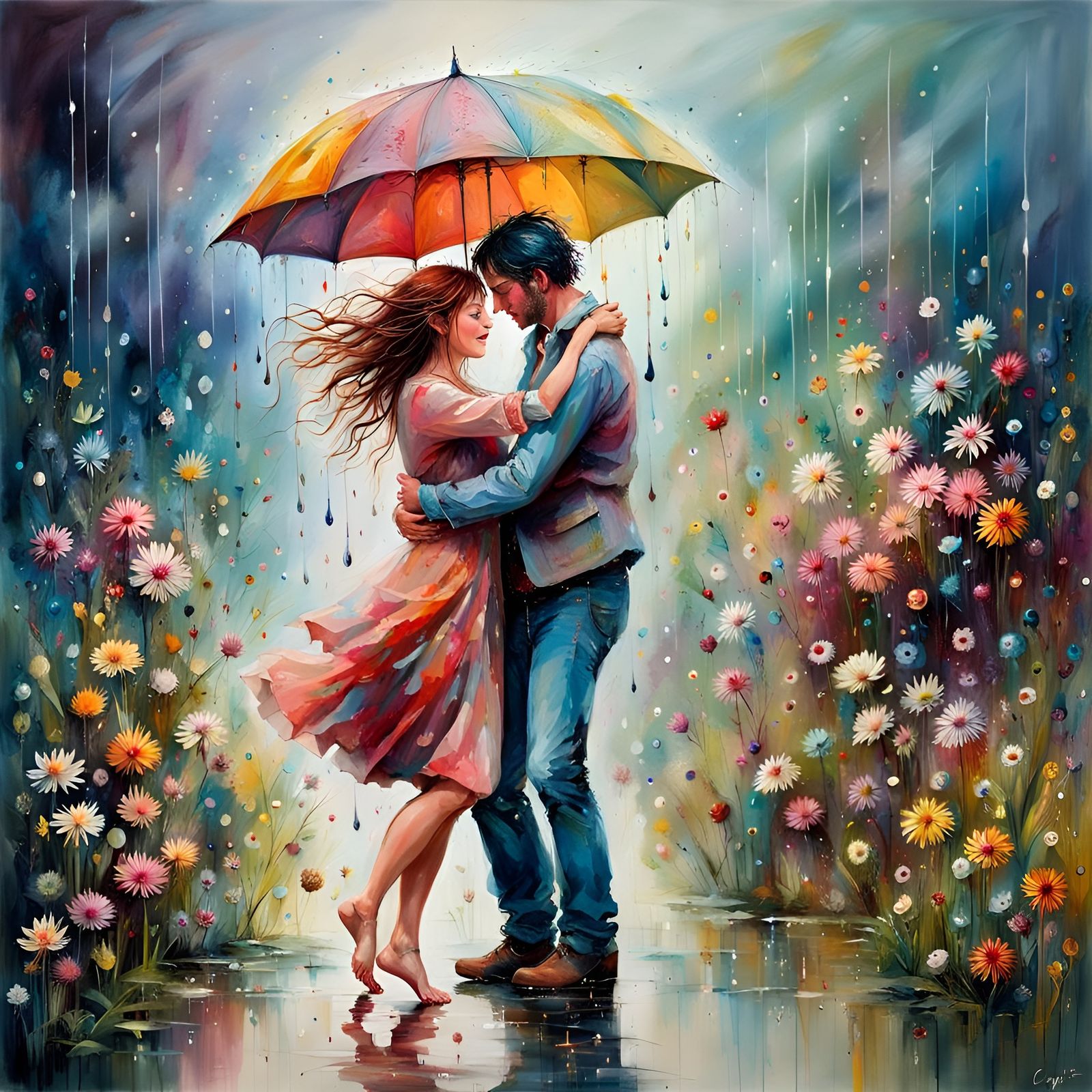 Couple Dancing in Rainy Spring: Hyperdetailed Art