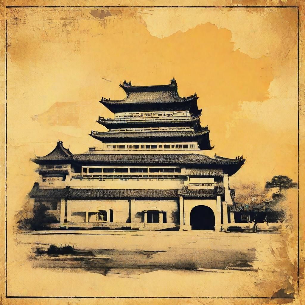 Constructivist Chinese Building Poster with Grunge Effect