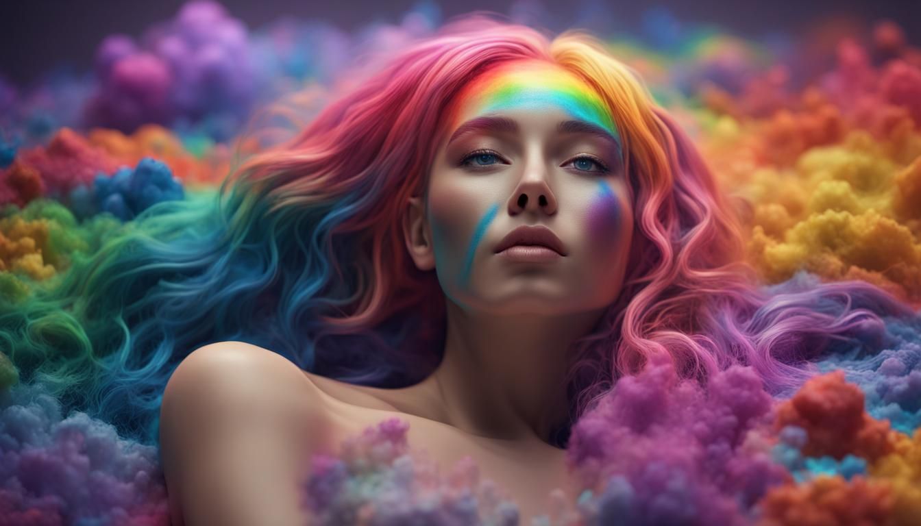 Rainbow Hair Woman in Marble Setting, Hyperrealistic Art