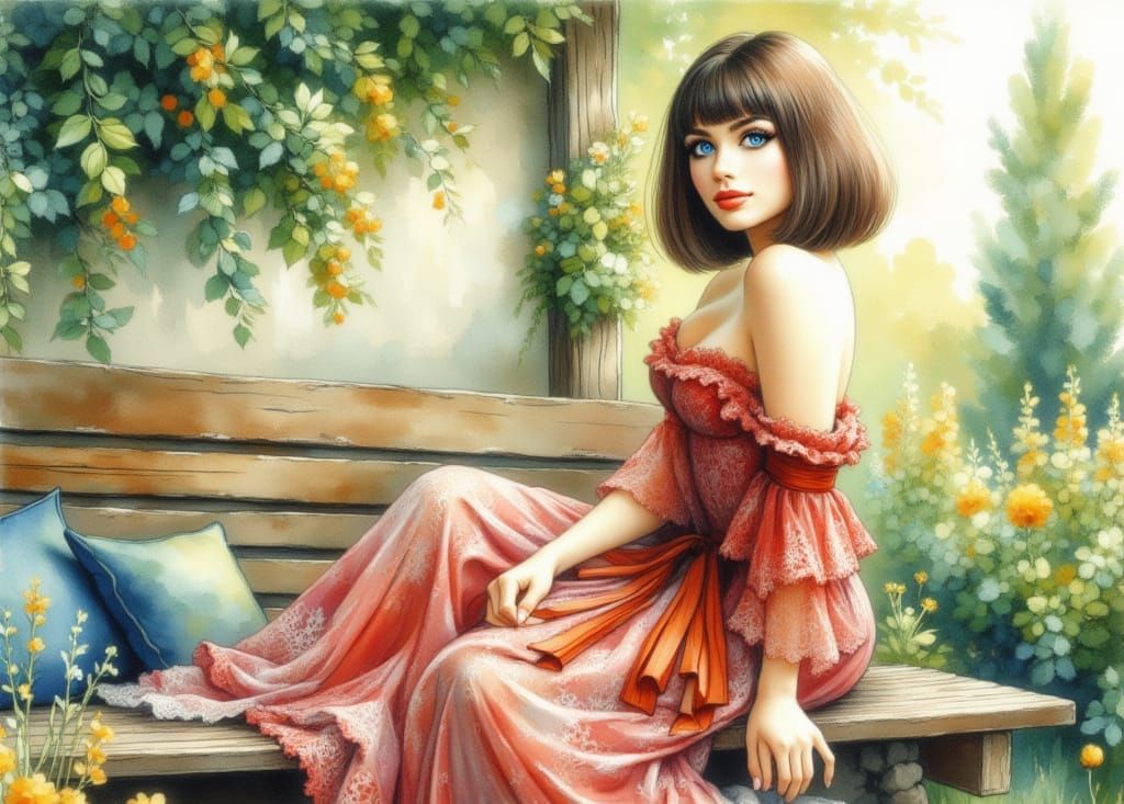 Woman on Garden Bench in Whimsical Gouache Style