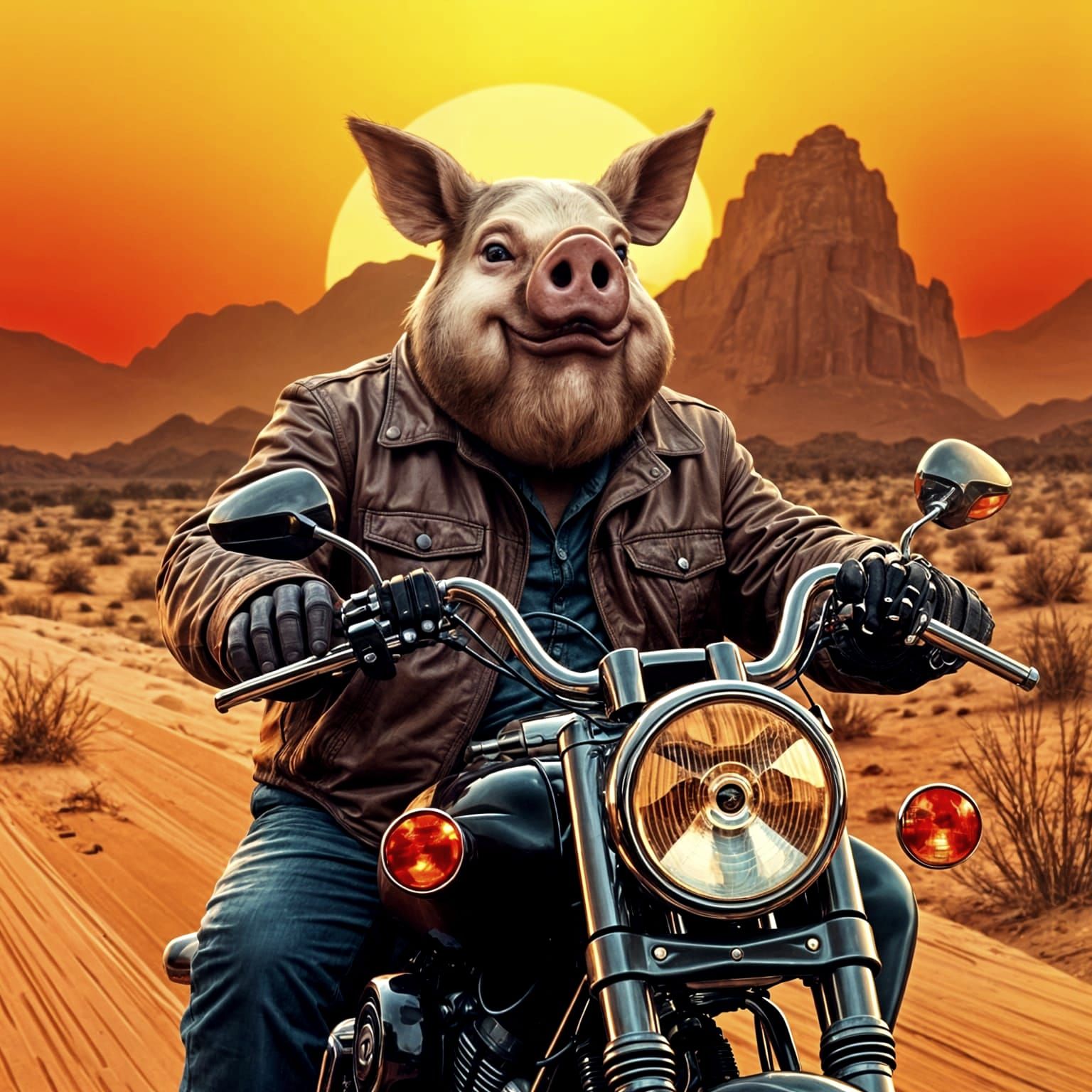 Pig-Headed Man Rides Harley in Sunset