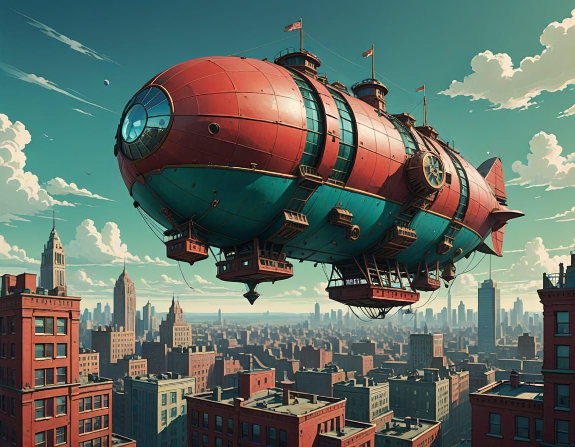 Vintage Steampunk Airship Over a Crimson Cityscape