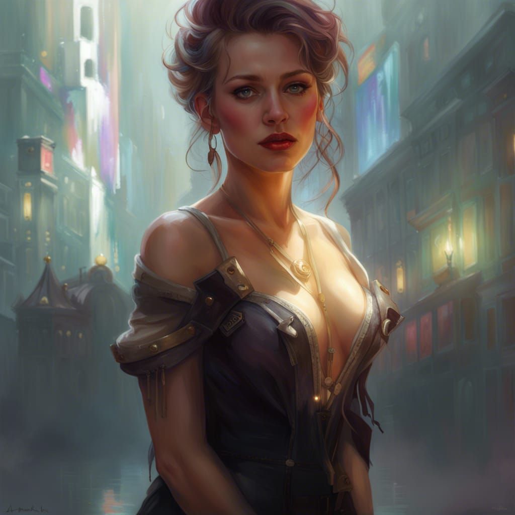 Pino Daeni Victorian cyberpunk prophet lady, Disney illustrated, head and shoulders portrait, 8k resolution concept art ...