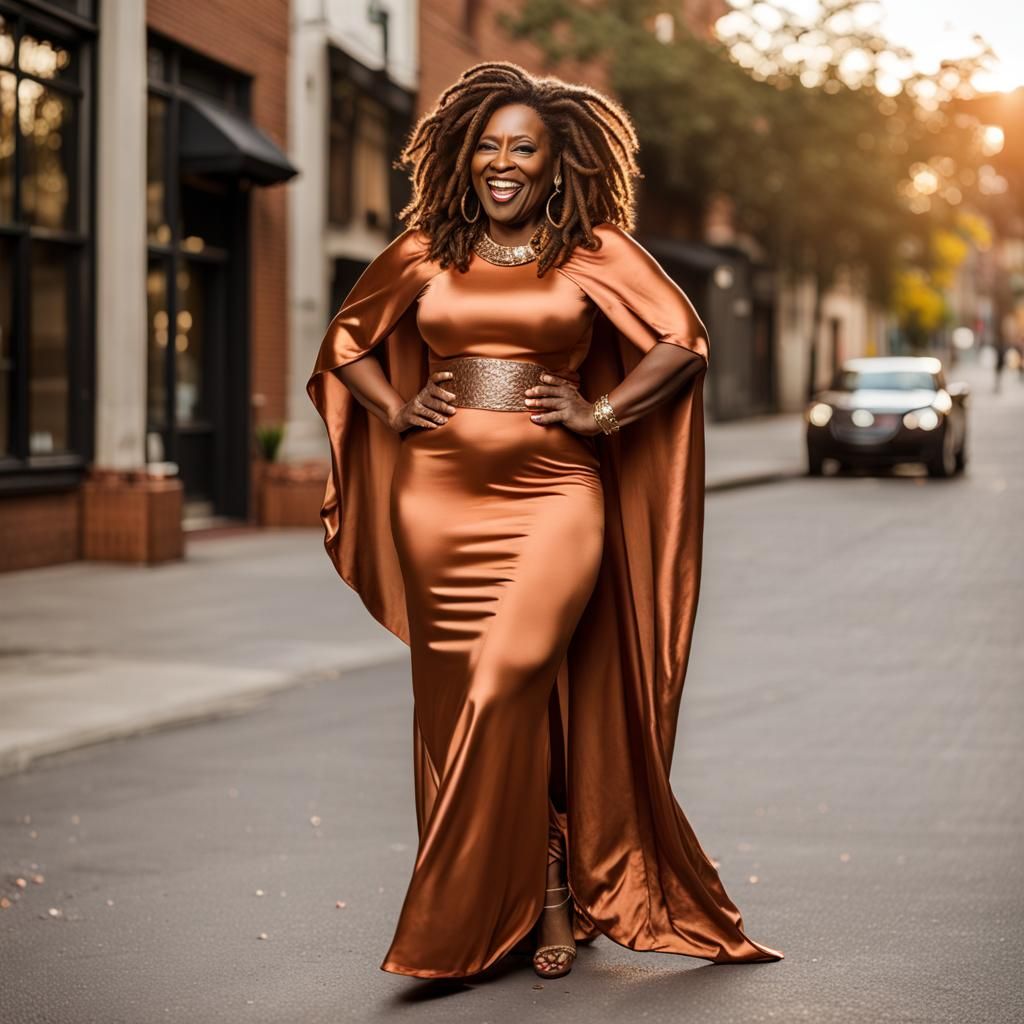 Curvy Woman with Saxophone in Copper Gown