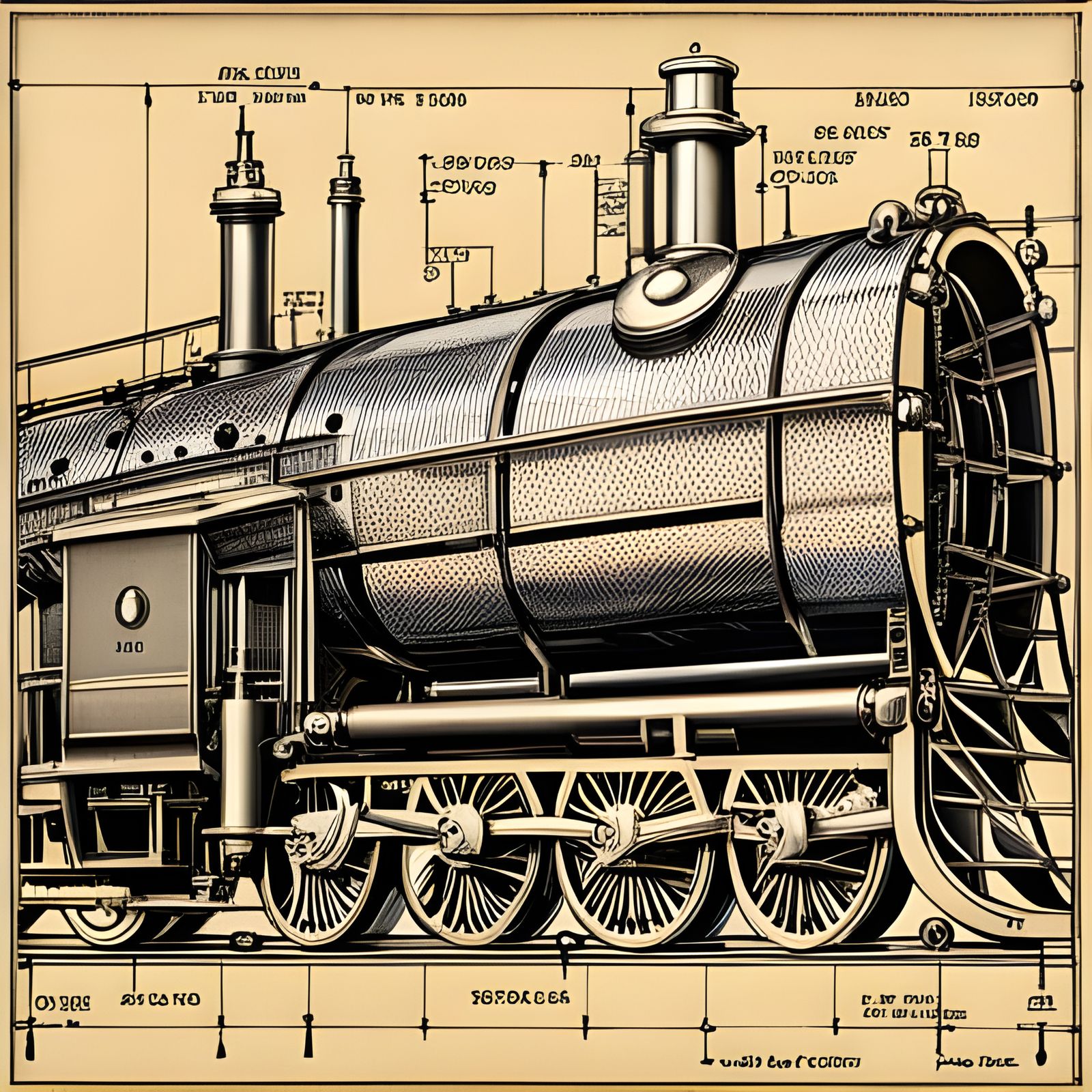 Detailed Steam Locomotive Blueprint in Pen and Ink