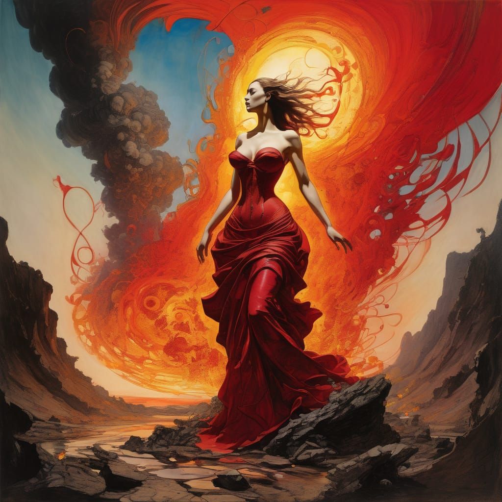 Volcanic Goddess Holding Fire Heart as Lyrical Abstraction