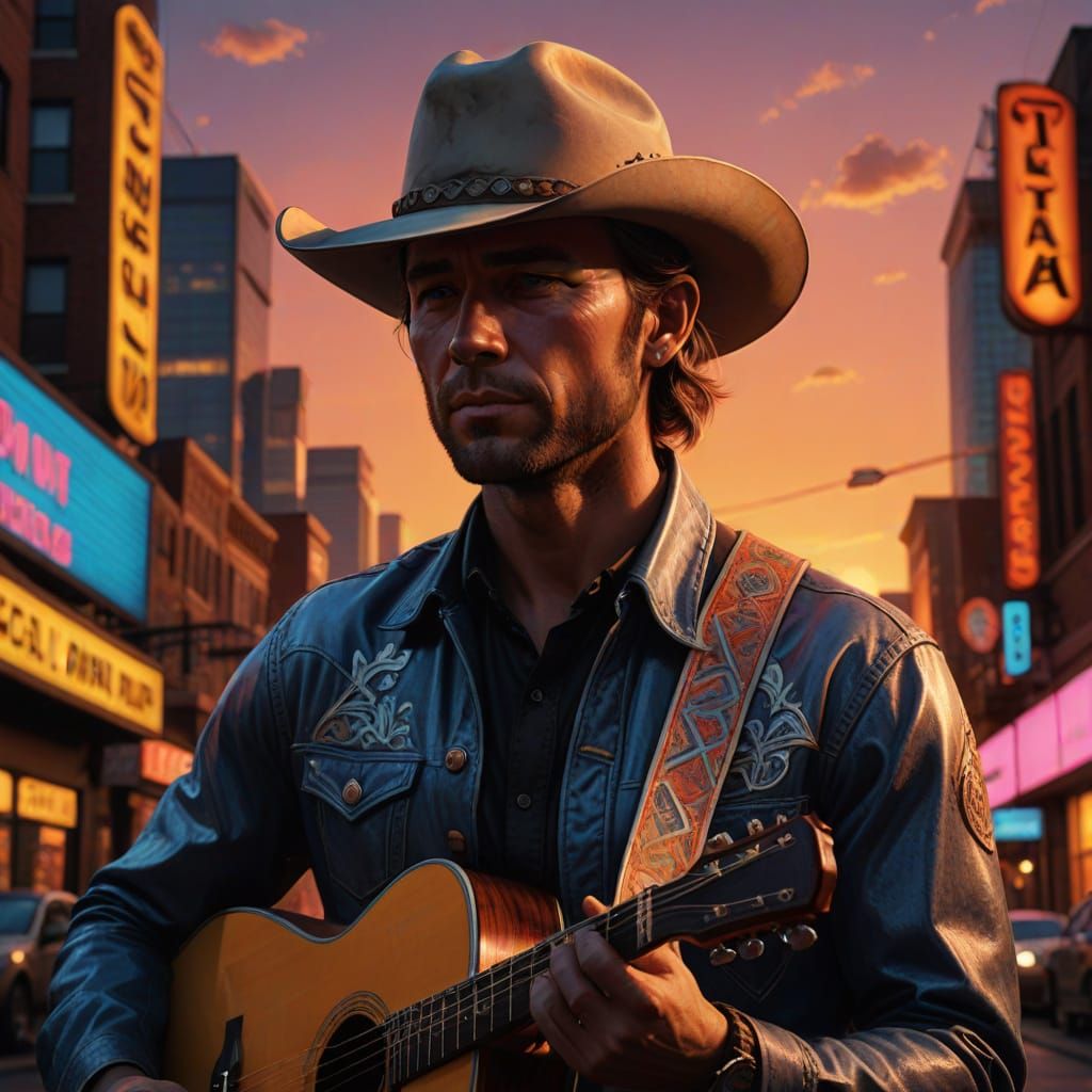 A country music singer wearing a cowboy hat and holding a gu...