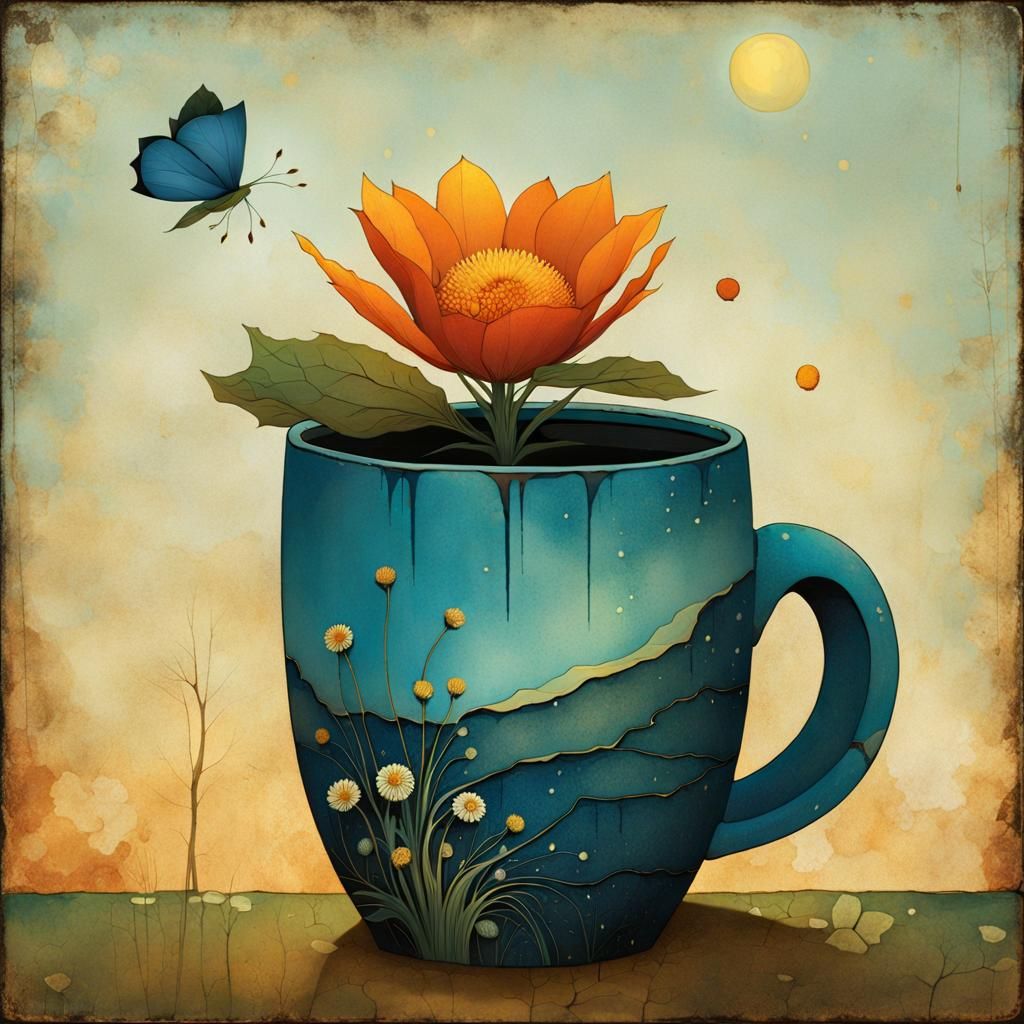 Rustic Mug with Flower, Surrealist Art