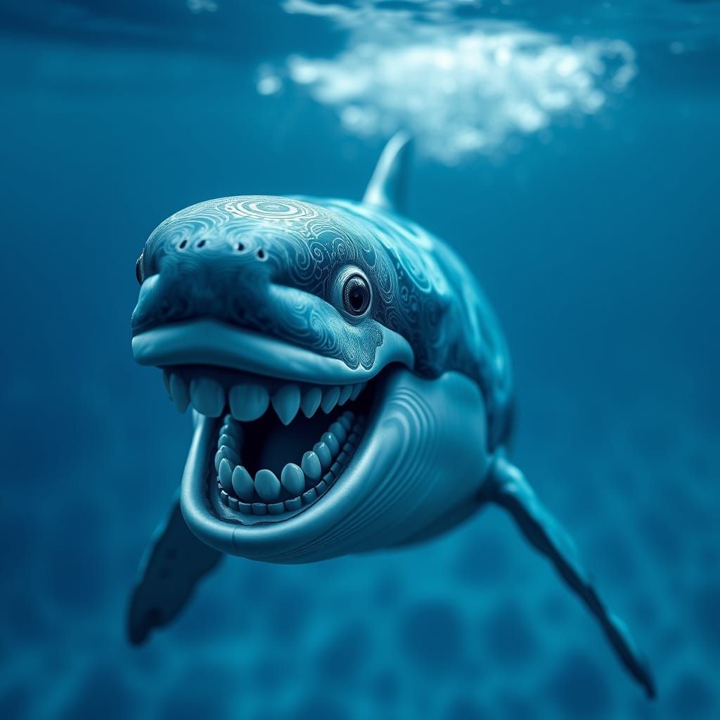 Whale Smiles with Human Teeth in a Bokeh Ocean