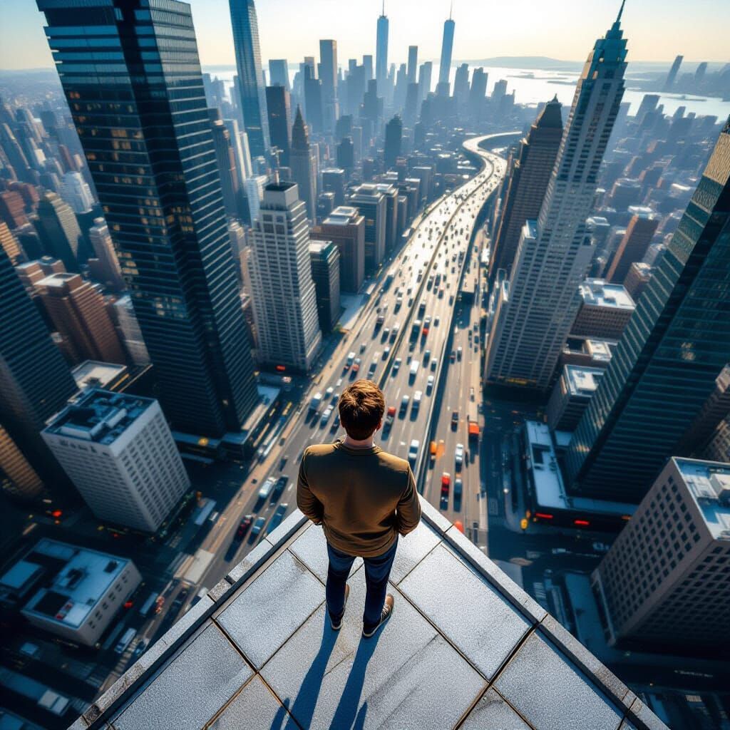 Vertigo Art: Man Overlooking City from Skyscraper Roof