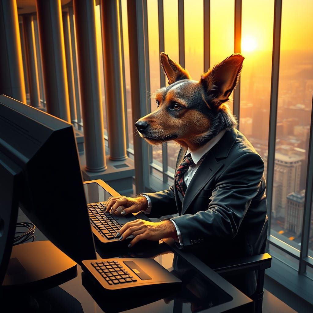 Magical Canine Typist in Futuristic Office Aesthetic
