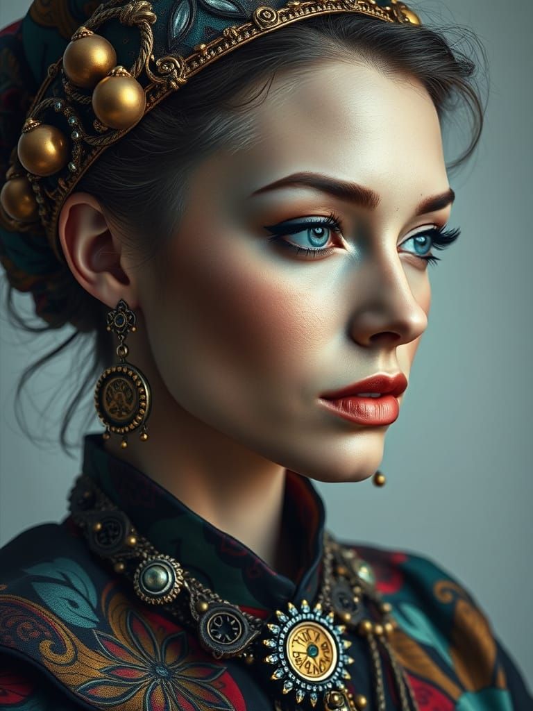 Photorealistic Woman Portrait in Hyper-Maximalist Oil Style