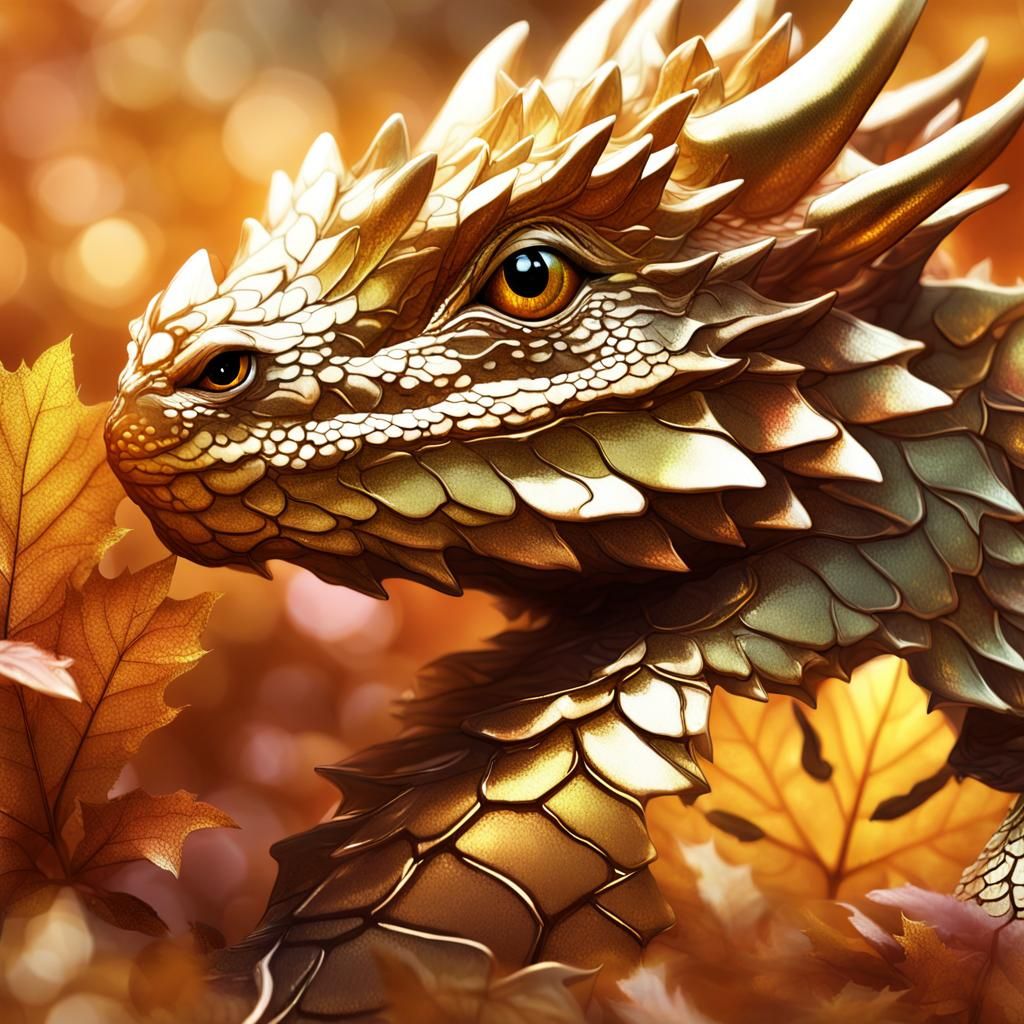 Iridescent Baby Dragon in Autumn Leaves: Digital Art