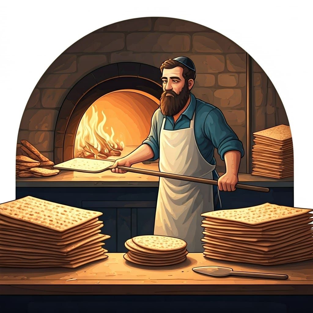 A man stands in a traditional matzah bakery, Sticker format