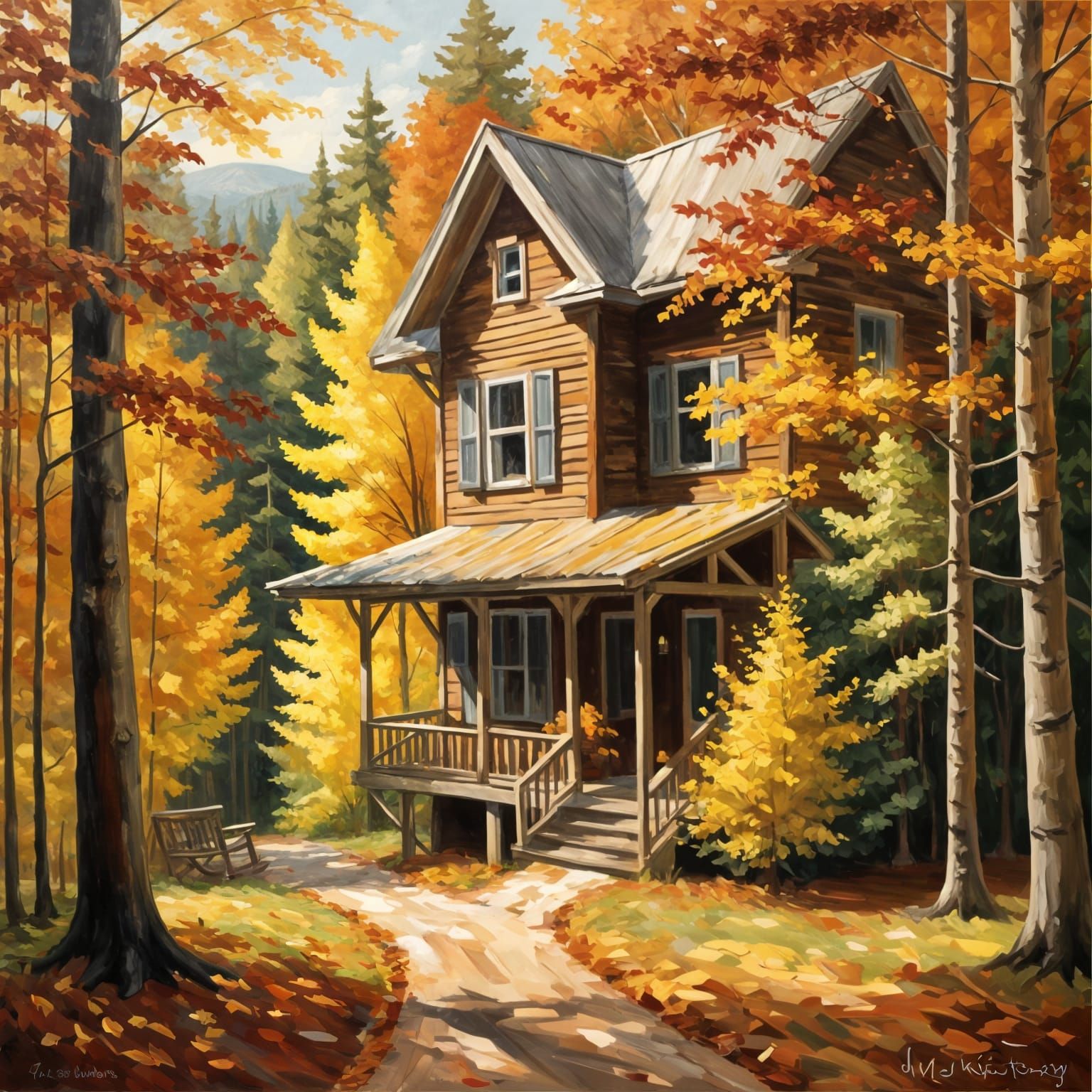 Autumn Forest View from Porch in Oil Paint Style