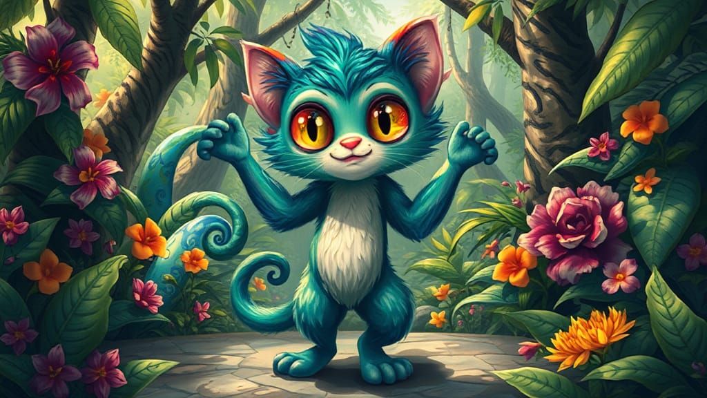 Enchanting CatBearMonkey in Lush Jungle, Dreamlike Illustrat...