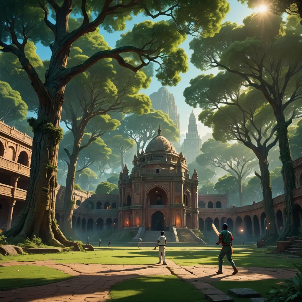 Mystical Cricket Stadium in High-Fantasy Style