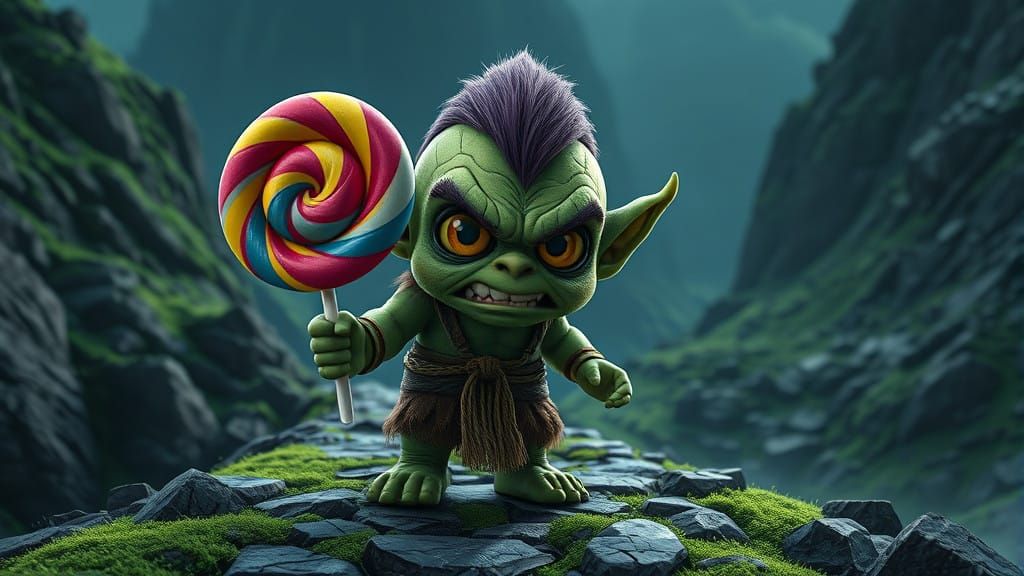 Chibi Orc Holds Vibrant Lollipop in Dark Fantasy Landscape