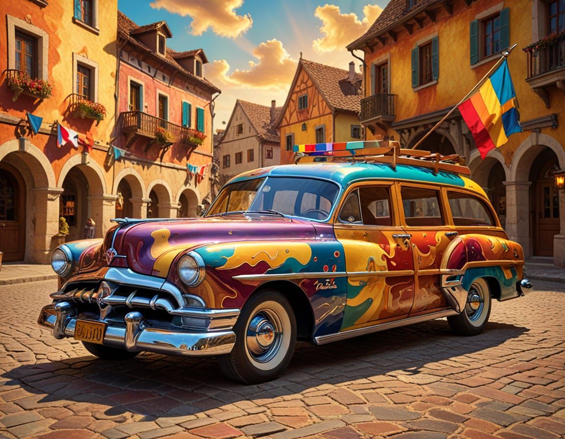 1952 Pontiac station wagon Woodie in a Medieval Town square