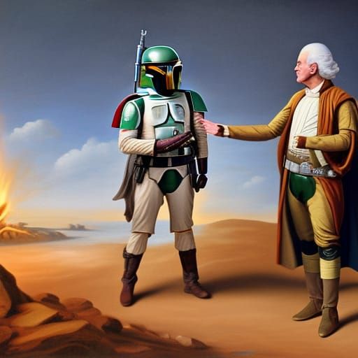 Boba Fett from Star Wars talking to George Washington