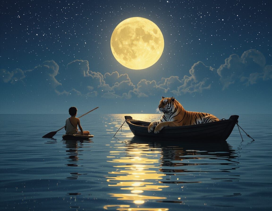 Pi Patel and Richard Parker on Calm Sea Under Full Moon