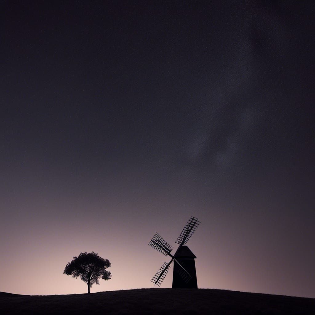 Windmill Silhouetted on Hill at Night