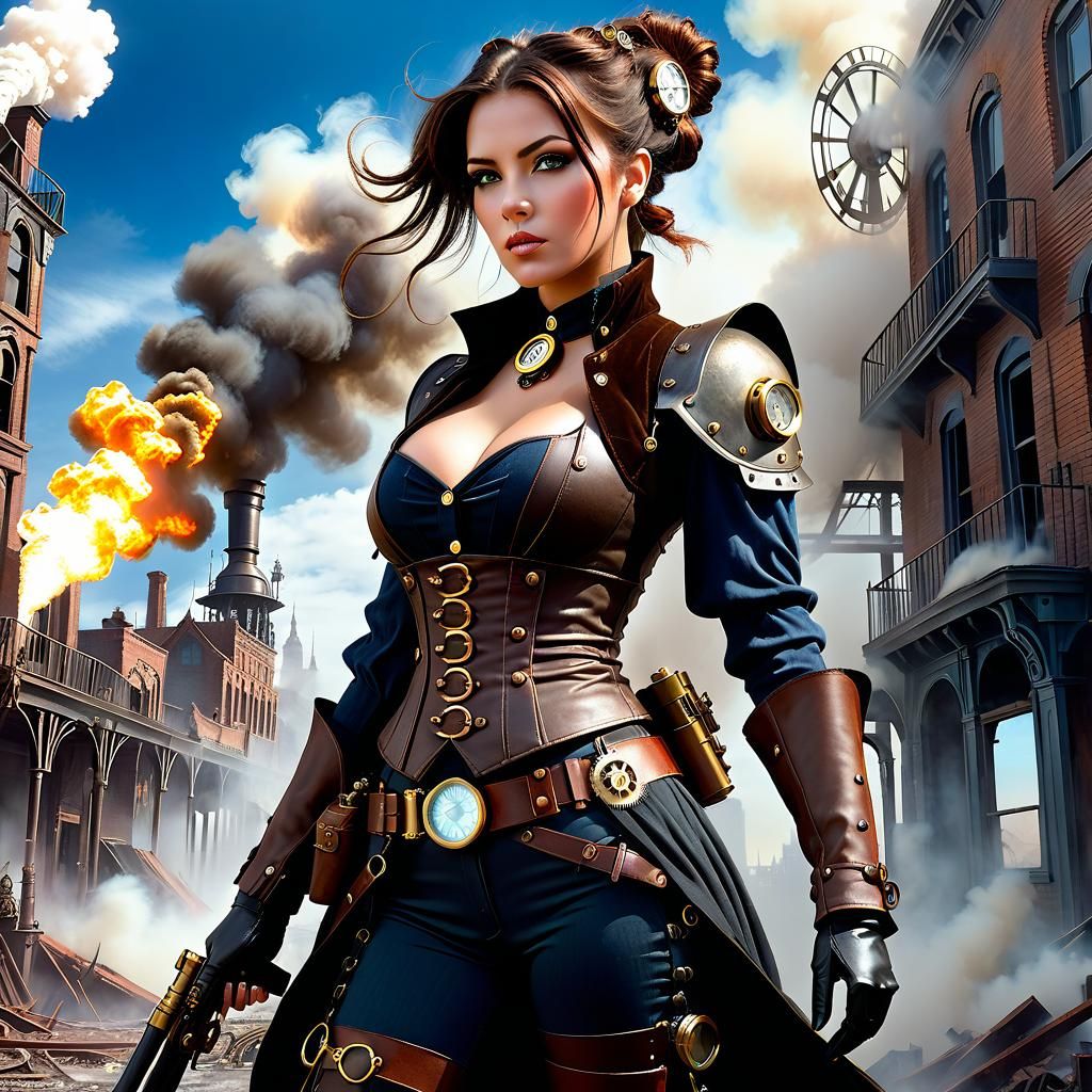 Beautiful Women in a Steampunk Warrior pack in a destroyed Steampunk City