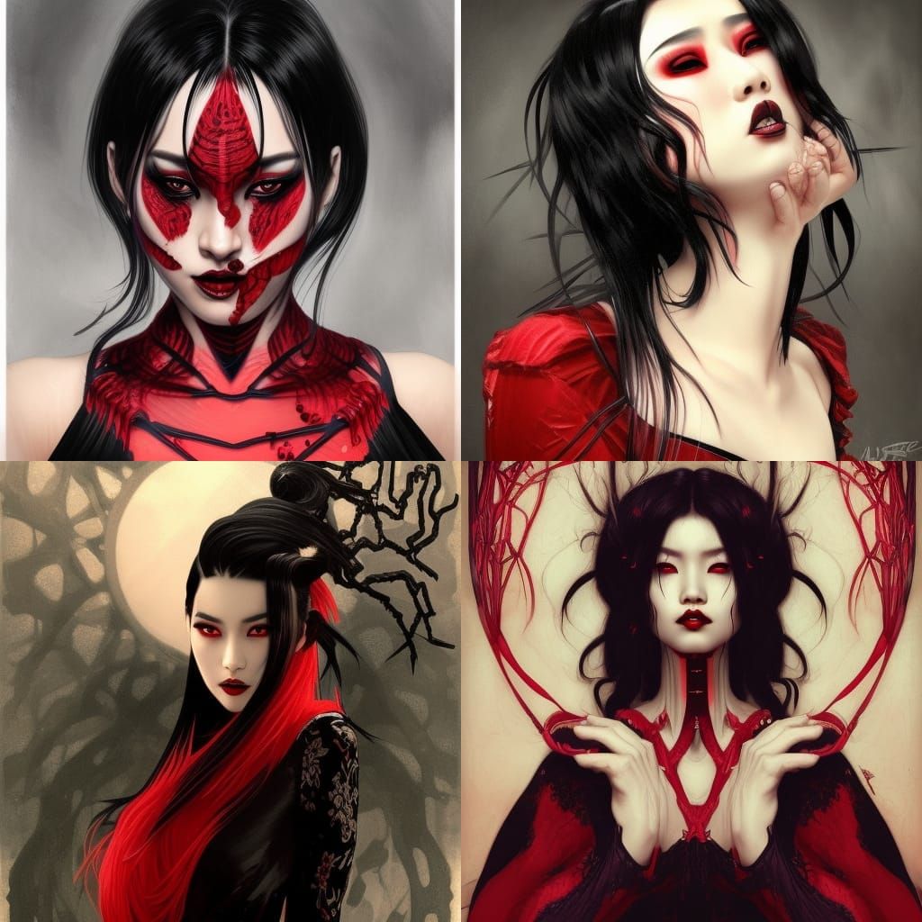 Asian Vampire in Spiderweb Dress, Detailed Portrait