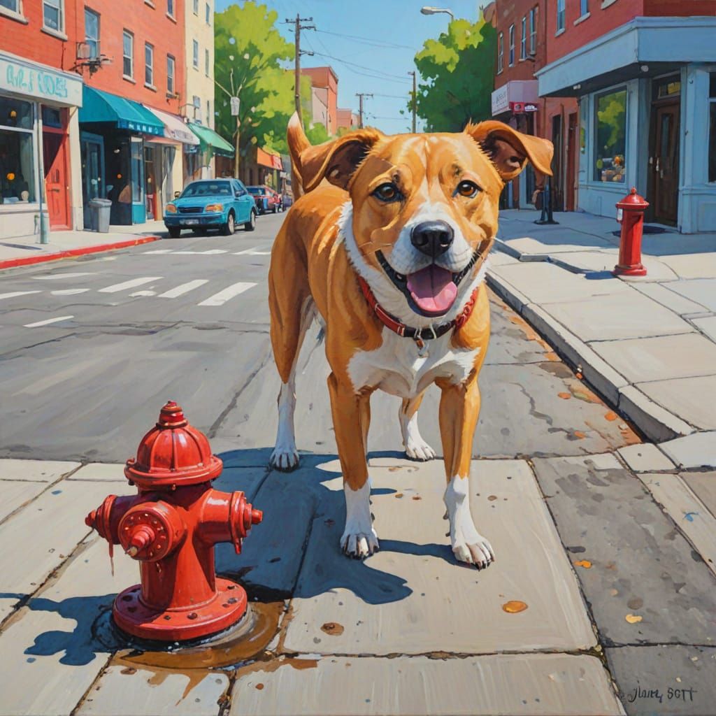 Whimsical Dog Lifts Leg on Fire Hydrant in Vibrant Gouache A...