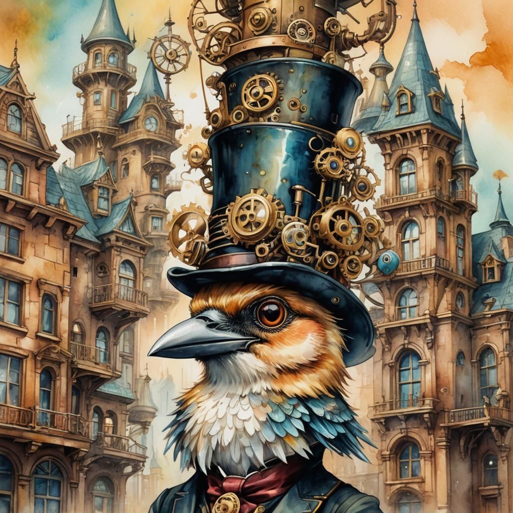 Chibi Steampunk Bird in Scratchy Watercolor Style