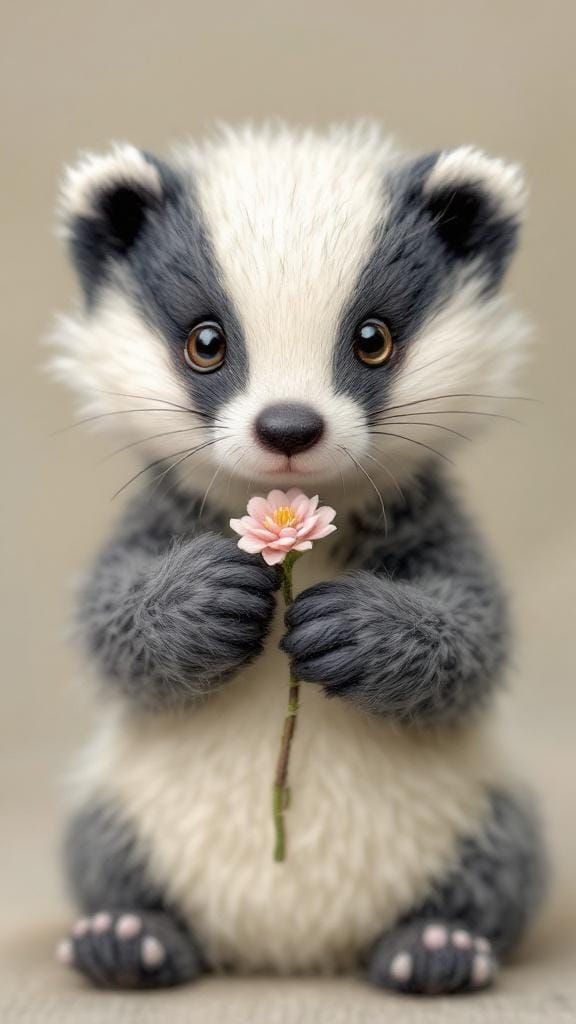 Felted Baby Badger with Pink Flower