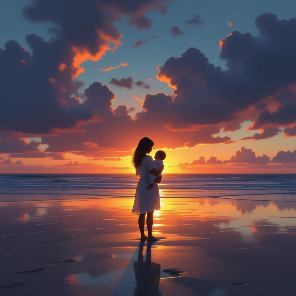 Mother and Child on Vast Beach at Sunset