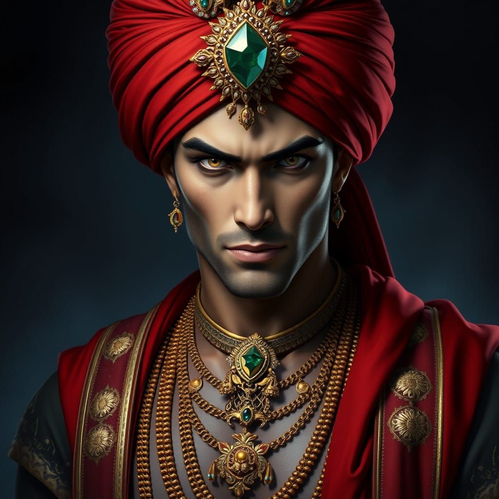 Majestic Figure in Crimson Turban, As Fantasy Novel Illustra...