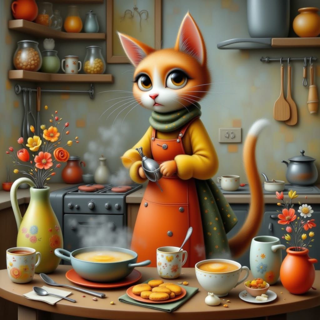 Abstract Dog Cooking Breakfast in Kitchen