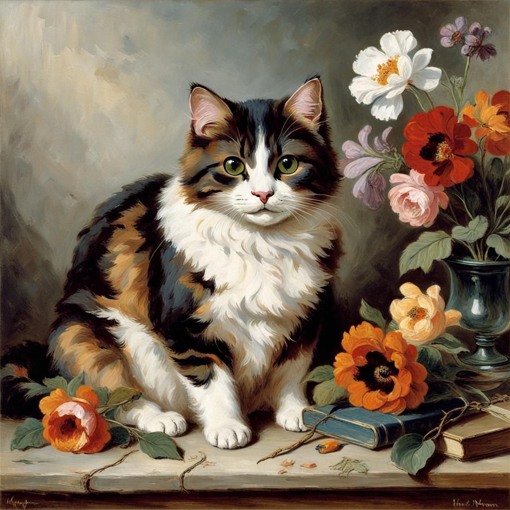 Cat with Book and Flowers, in 19th Century Style