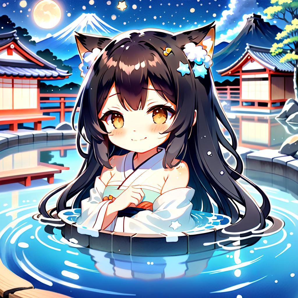 Chibi Anime Girl Relaxing in Japanese Onsen