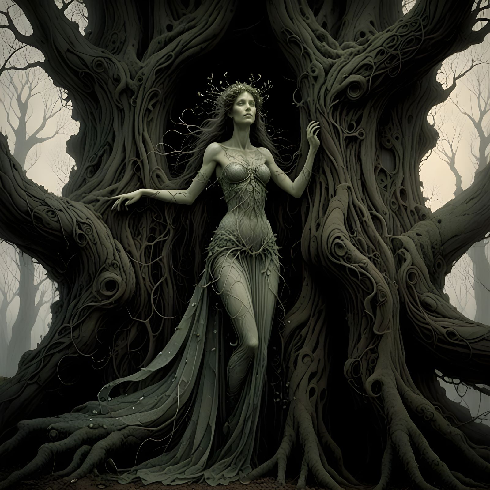Dryad Emerge from Ancient Tree in Whimsical, Dreamlike Style