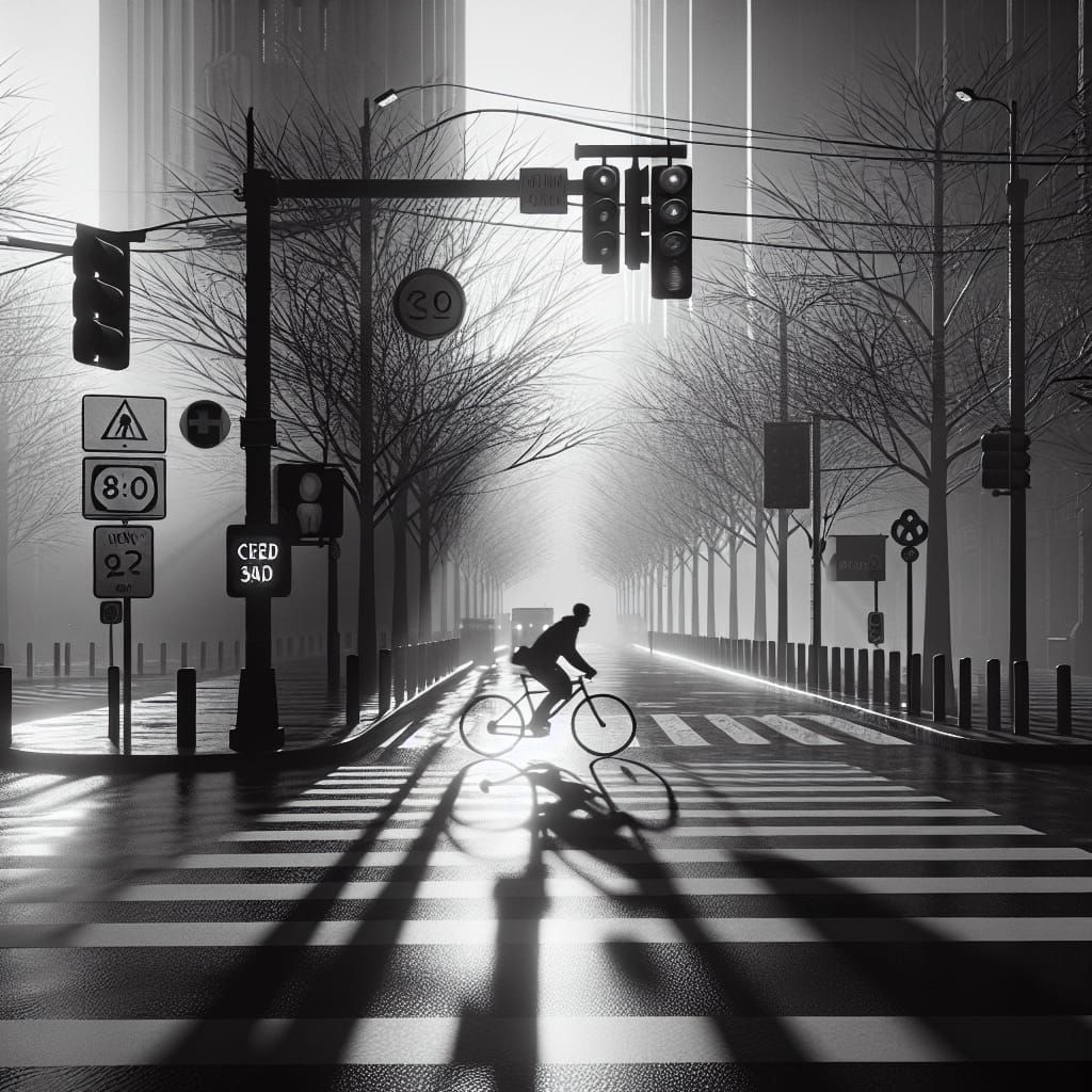 Urban Cyclist in Monochrome: A Matte Painting