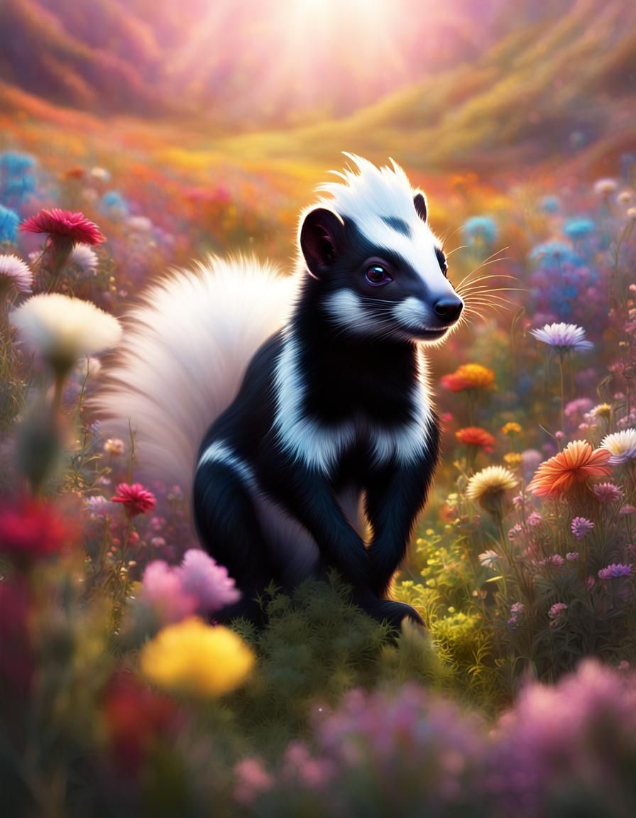 Skunk in Flower Field with Prismatic Lighting