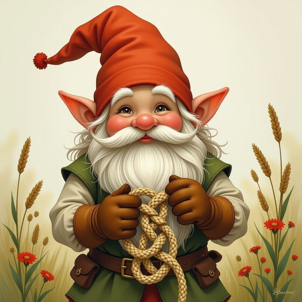 Whimsical Gnome Tying Intricate Celtic Knots in Folk Art Sty...