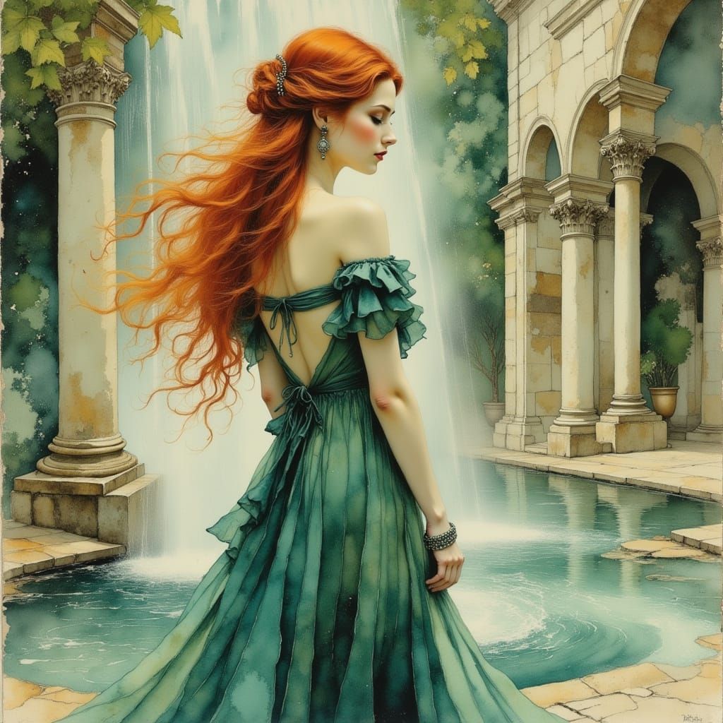 Goddess at Roman Fountain, Art Nouveau Style